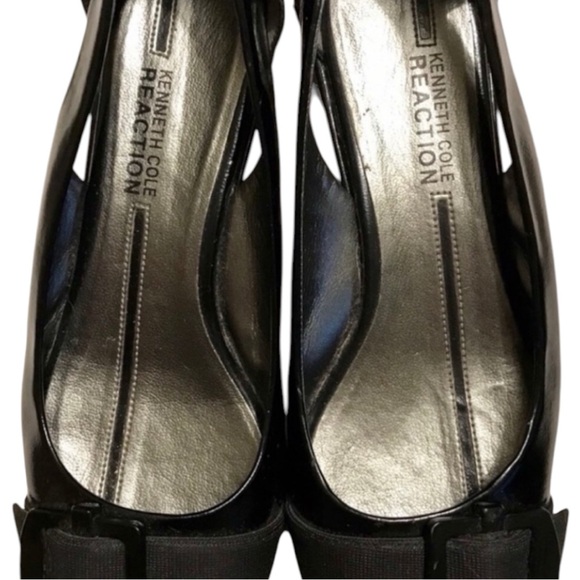 Kenneth Cole Reaction Black Patent Leather Open Toe Cutout Wedge Shoes Size 7 - Picture 2 of 6